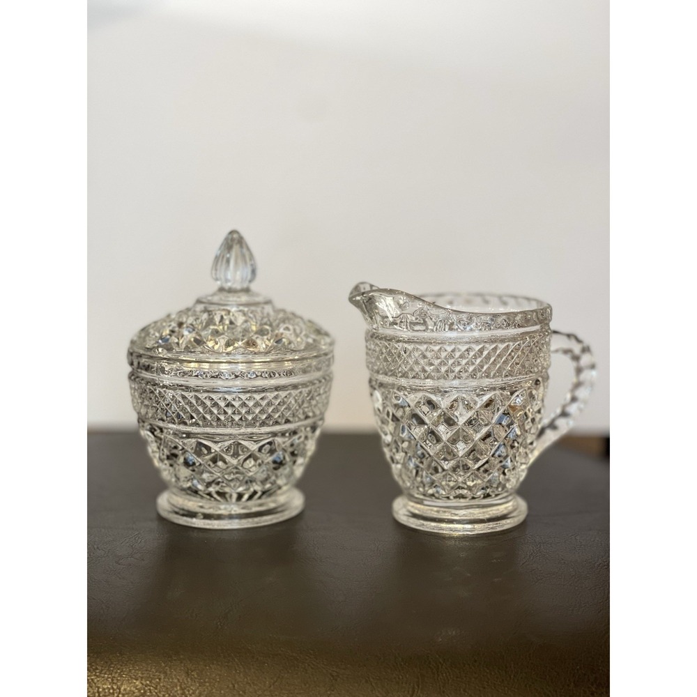 Vintage Anchor Hocking Wexford Clear Glass Creamer & Covered Sugar Bowl Set